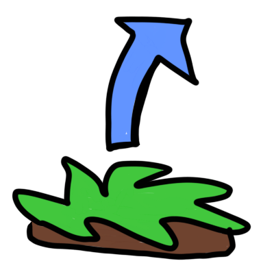 a blue arrow pointing out from a patch of grass-covered earth.